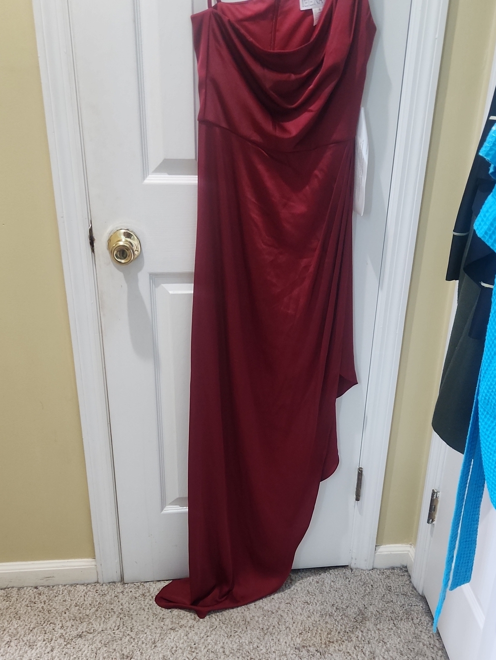 One-Shoulder Wine Satin Evening Gown By MacDuggal, Assymetric Never Worn